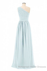 Dusty Blue Chiffon One-Shoulder Banded Waist Bridesmaid Dress